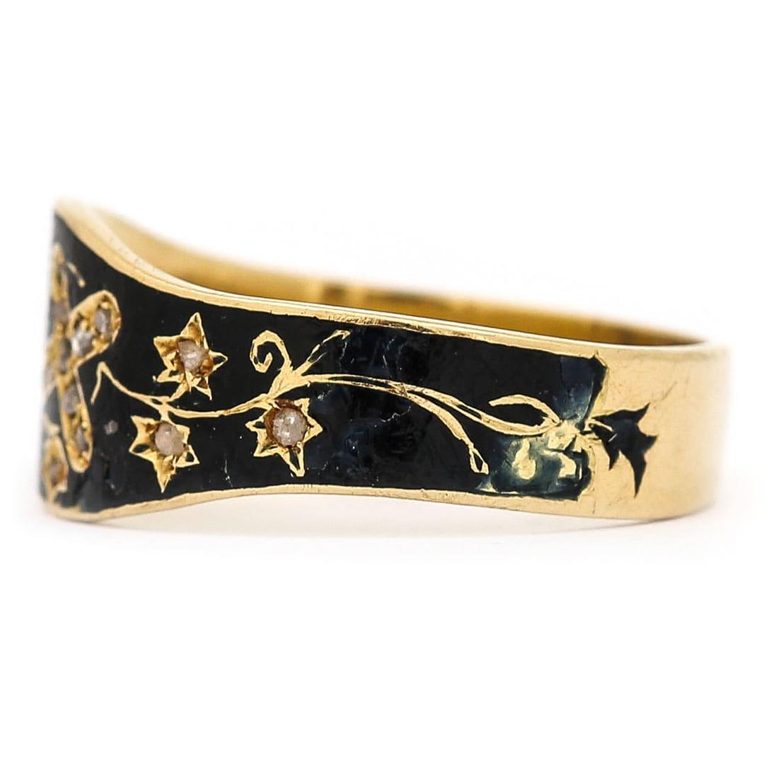 Victorian 18ct Gold Diamond Cross and Black Enamel Mourning Ring, Circa 1870 In Good Condition In Lancashire, Oldham
