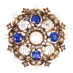 Victorian 18ct Gold Diamond, Sapphire and Natural Pearl Brooch/Pendant