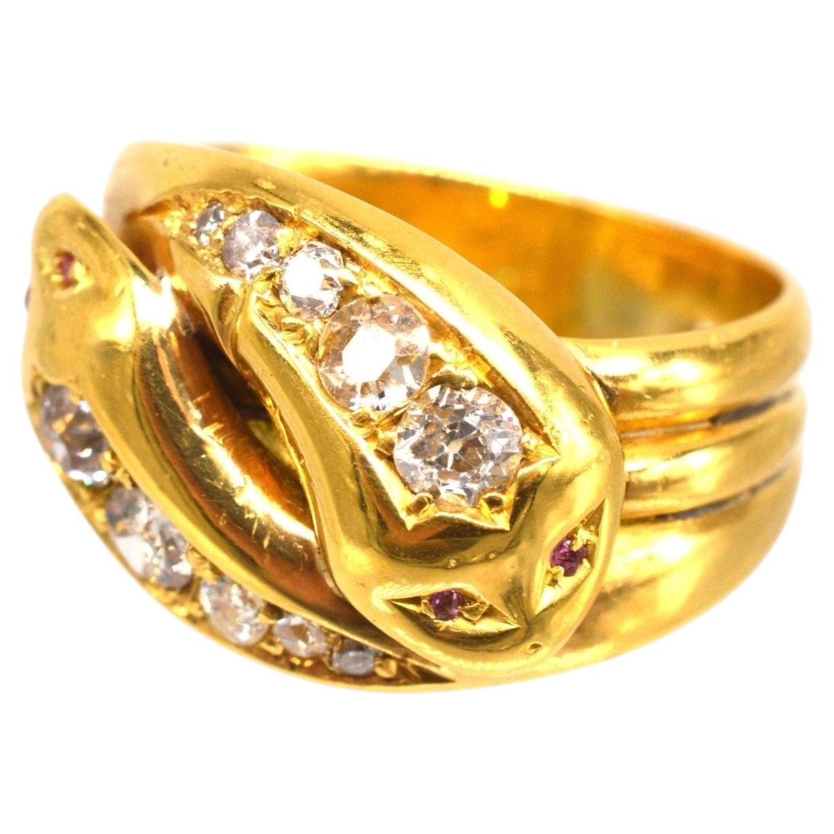 Anello vittoriano a doppio serpente in oro 18 carati, con diamanti e occhi di rubino
