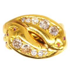 Victorian 18ct Gold Double Snake Ring Set with Diamonds and Ruby Eyes