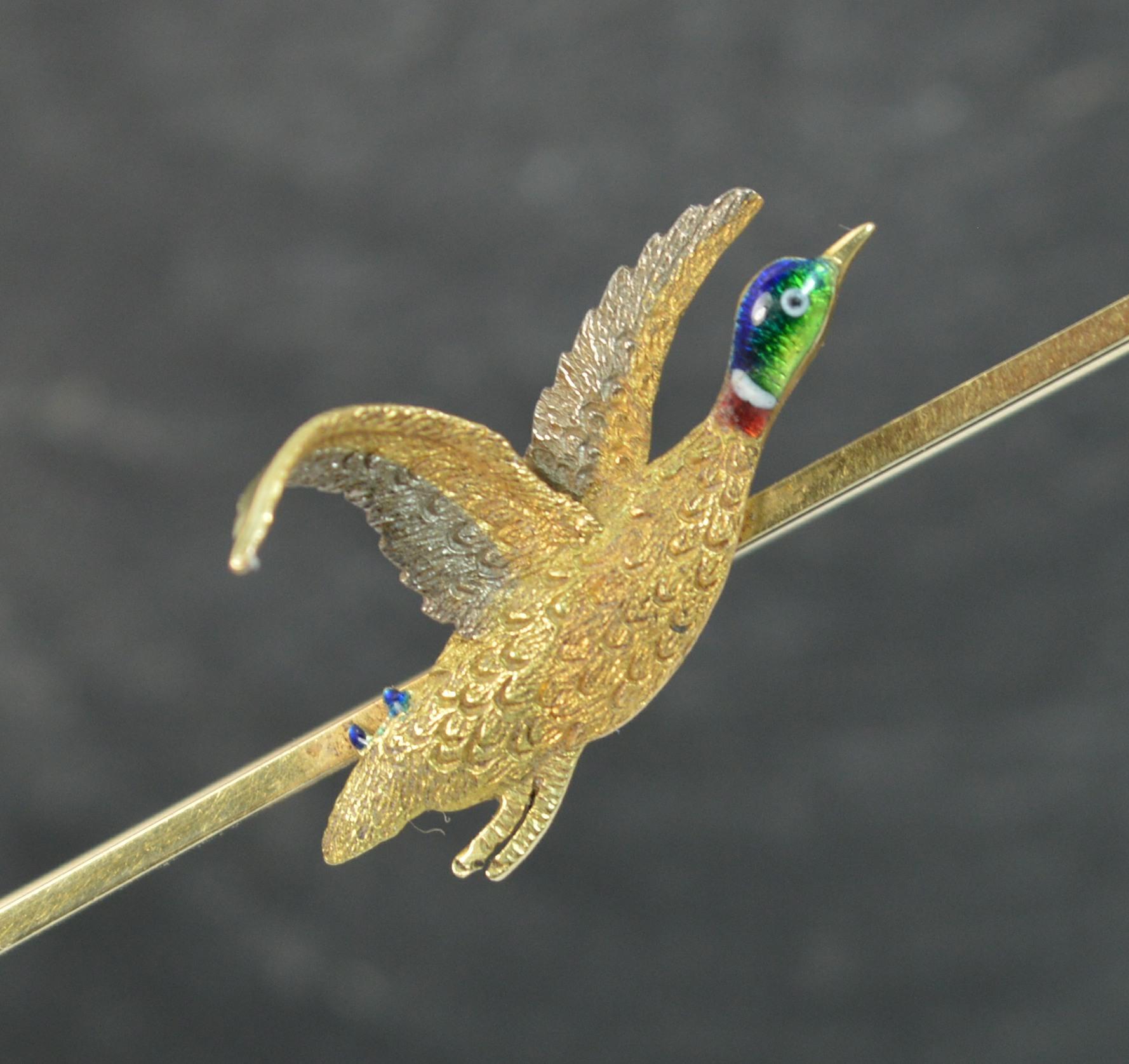 A Victorian period mallard duck bar brooch.

Solid 18 carat and 15 carat gold example in yellow gold with tri gold colour to duck.

Bar brooch design with the duck to the centre in flight. Beautiful hand painted enamel to the head.


CONDITION ;