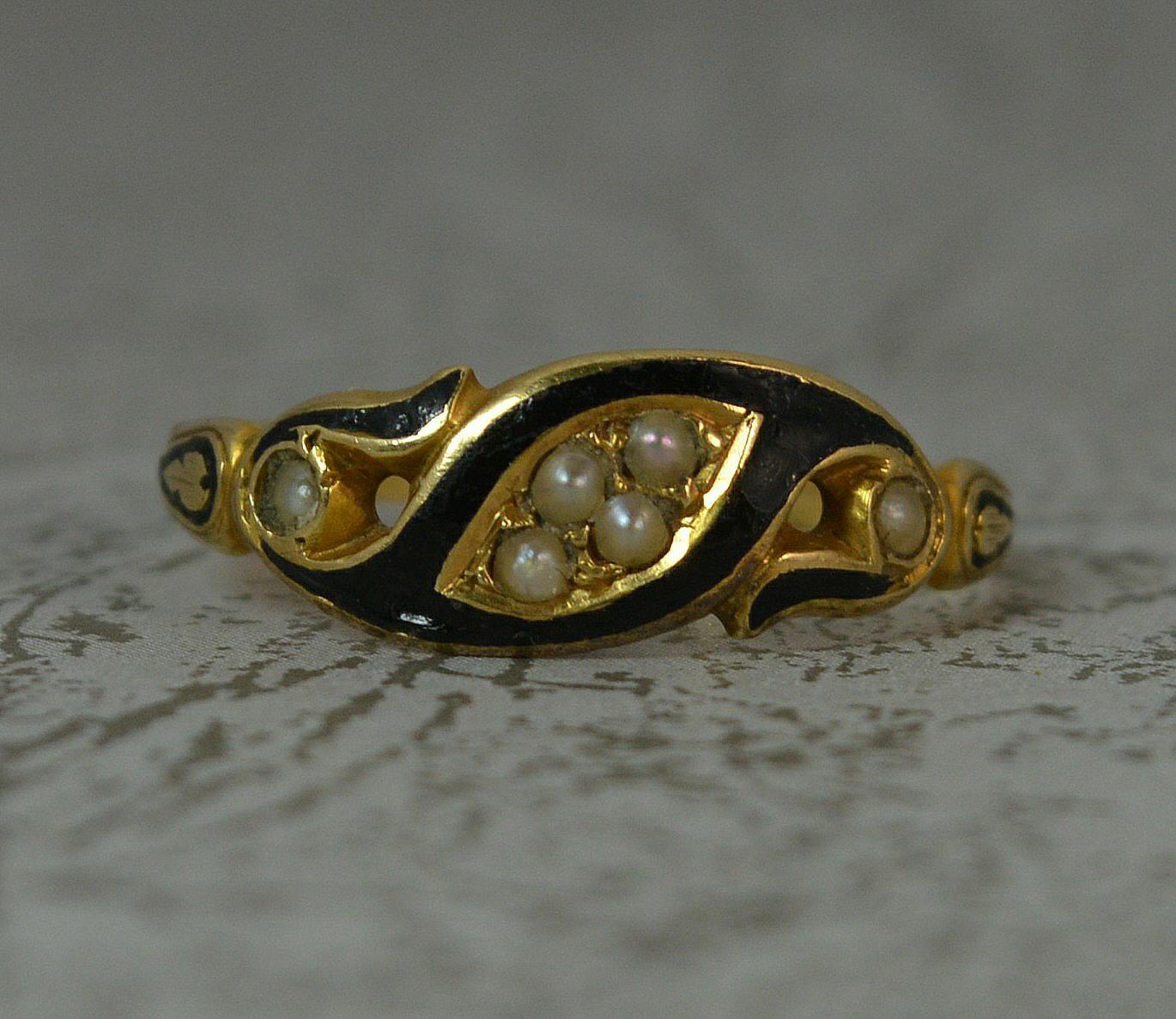 Victorian 18 Carat Gold Enamel and Pearl Mourning Band Ring 5