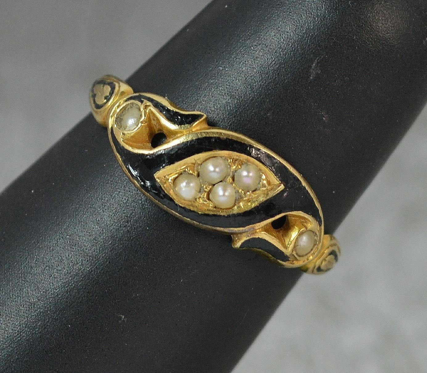 Victorian 18 Carat Gold Enamel and Pearl Mourning Band Ring 6