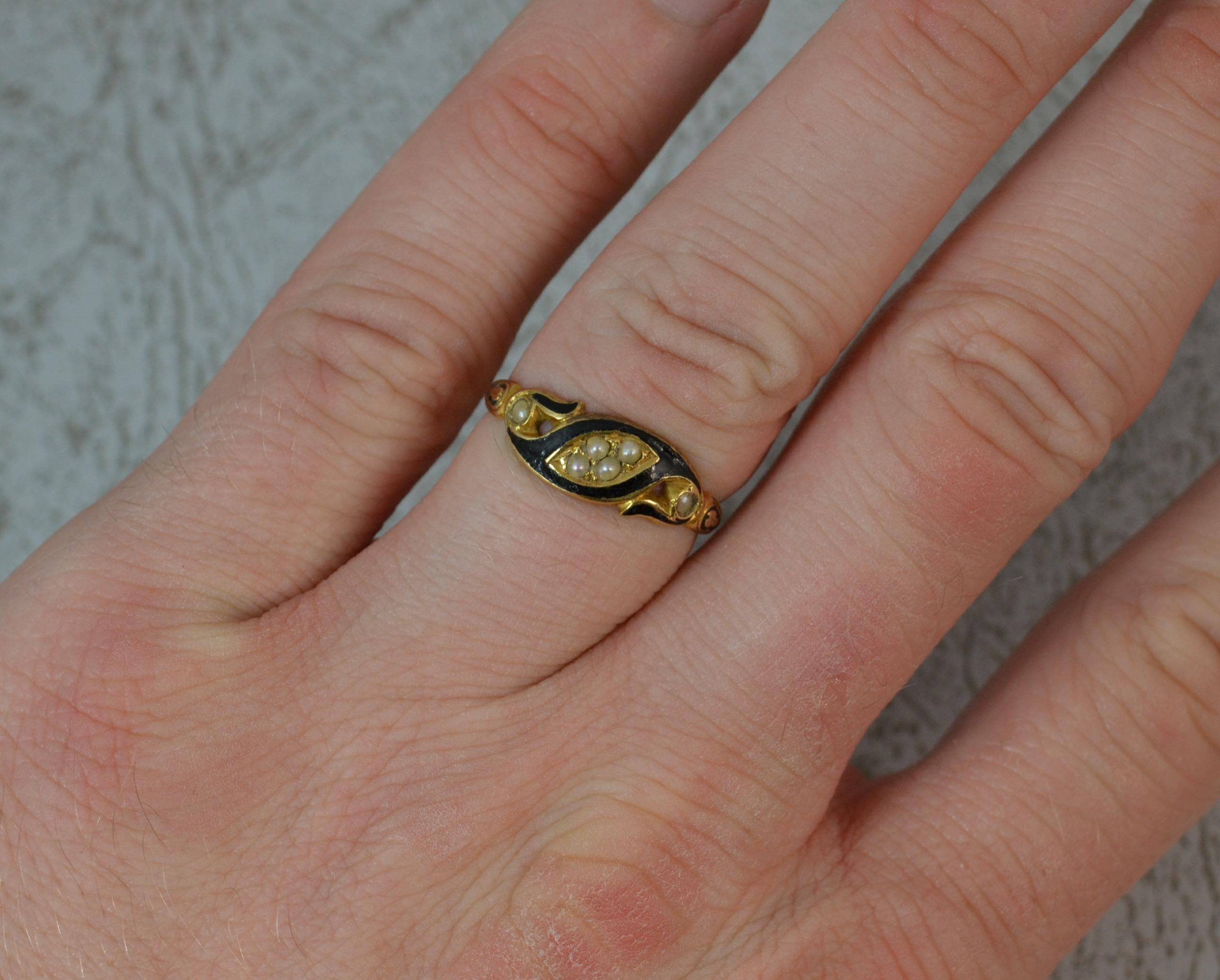 Round Cut Victorian 18 Carat Gold Enamel and Pearl Mourning Band Ring