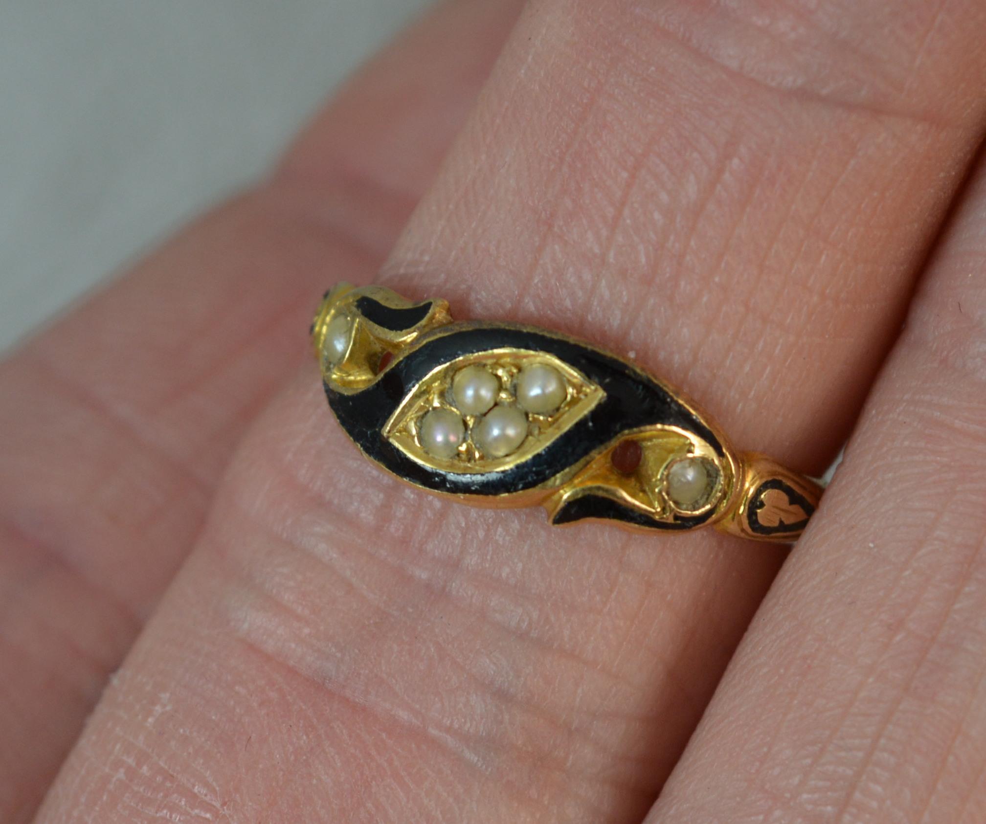 Victorian 18 Carat Gold Enamel and Pearl Mourning Band Ring 2