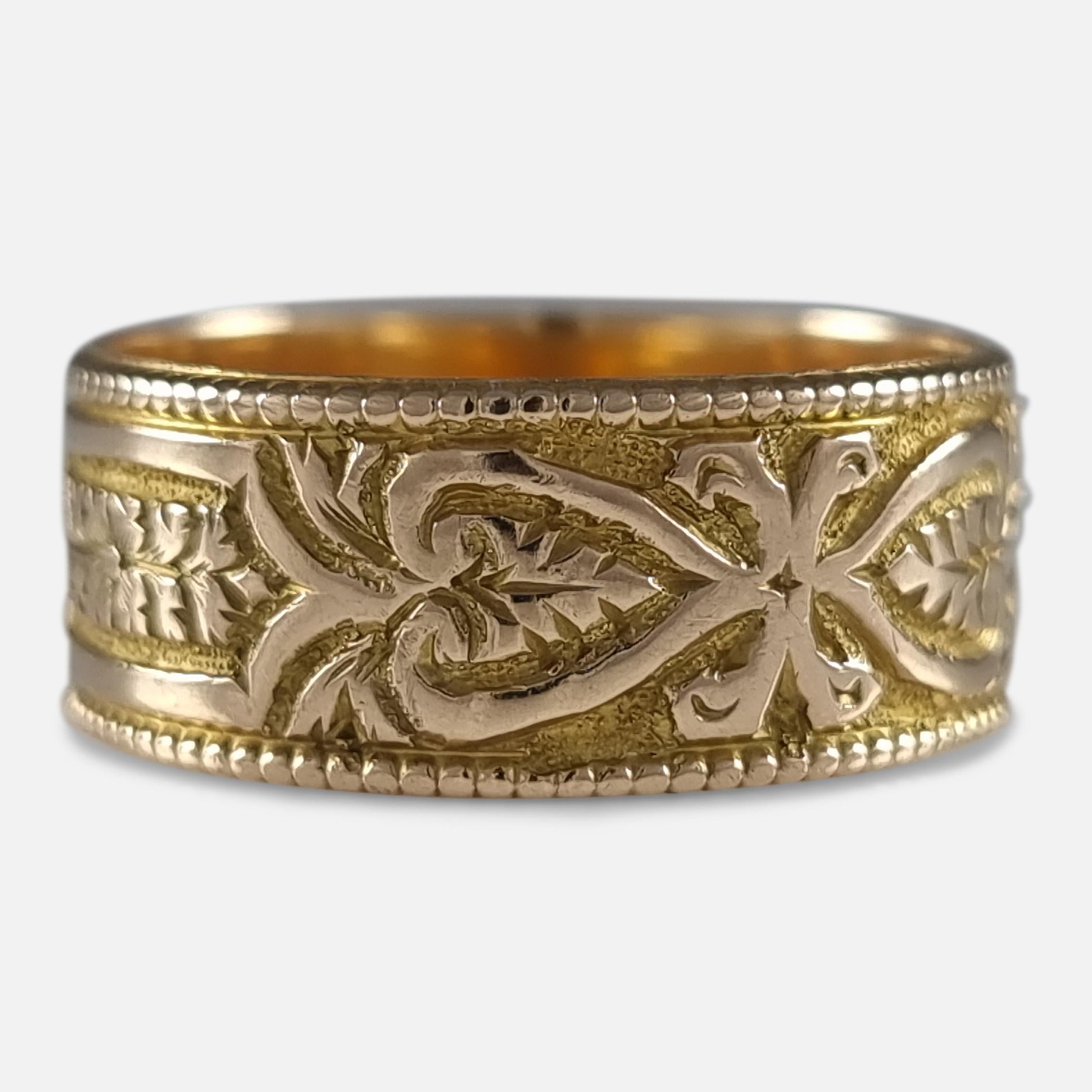 Late Victorian Victorian 18 Carat Gold Engraved Keeper Ring, 1883