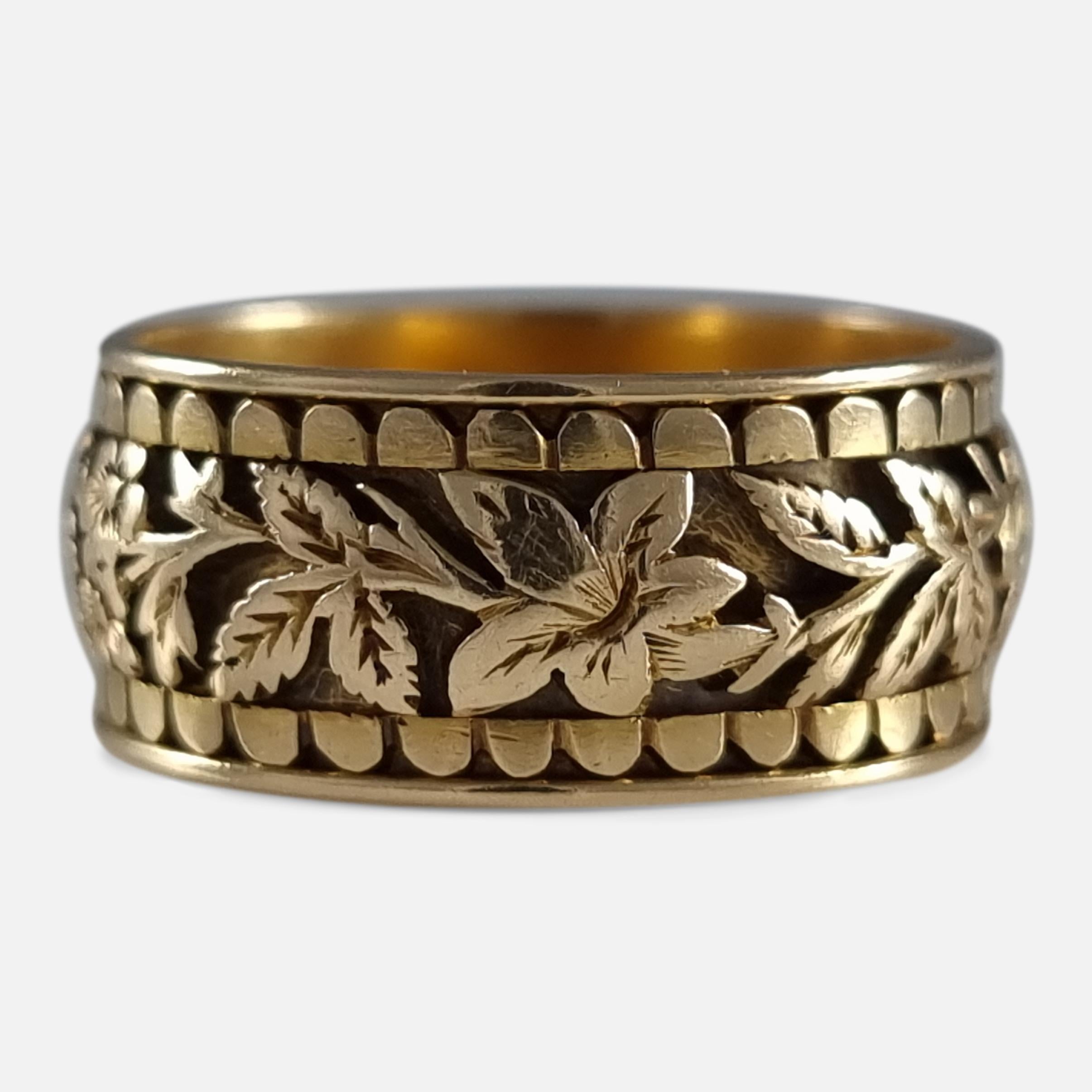 Late Victorian Victorian 18ct Gold Engraved Memorial Ring, 1893