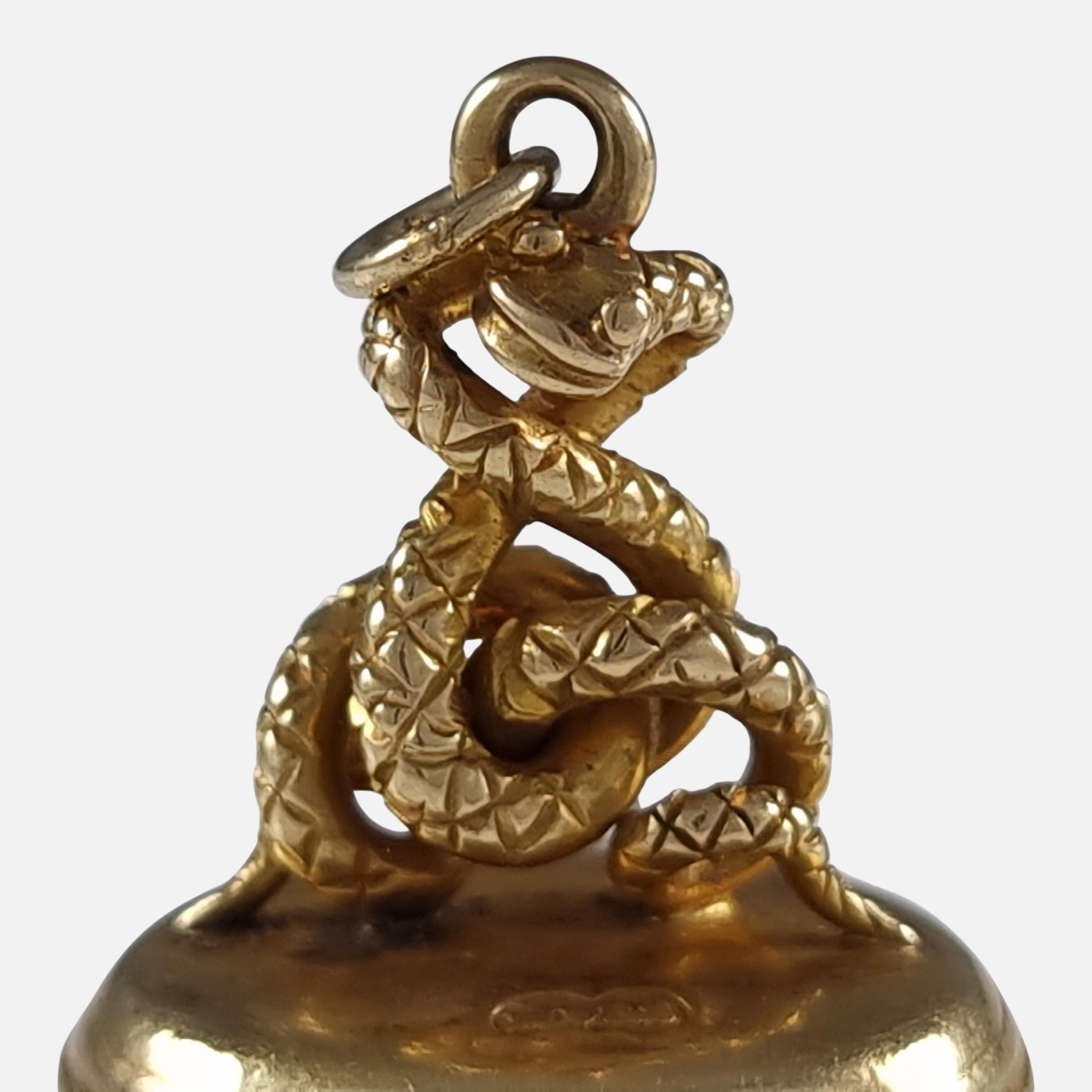 Victorian 18 Carat Gold Entwined Snake Fob Pendant Seal, 1900 For Sale 7