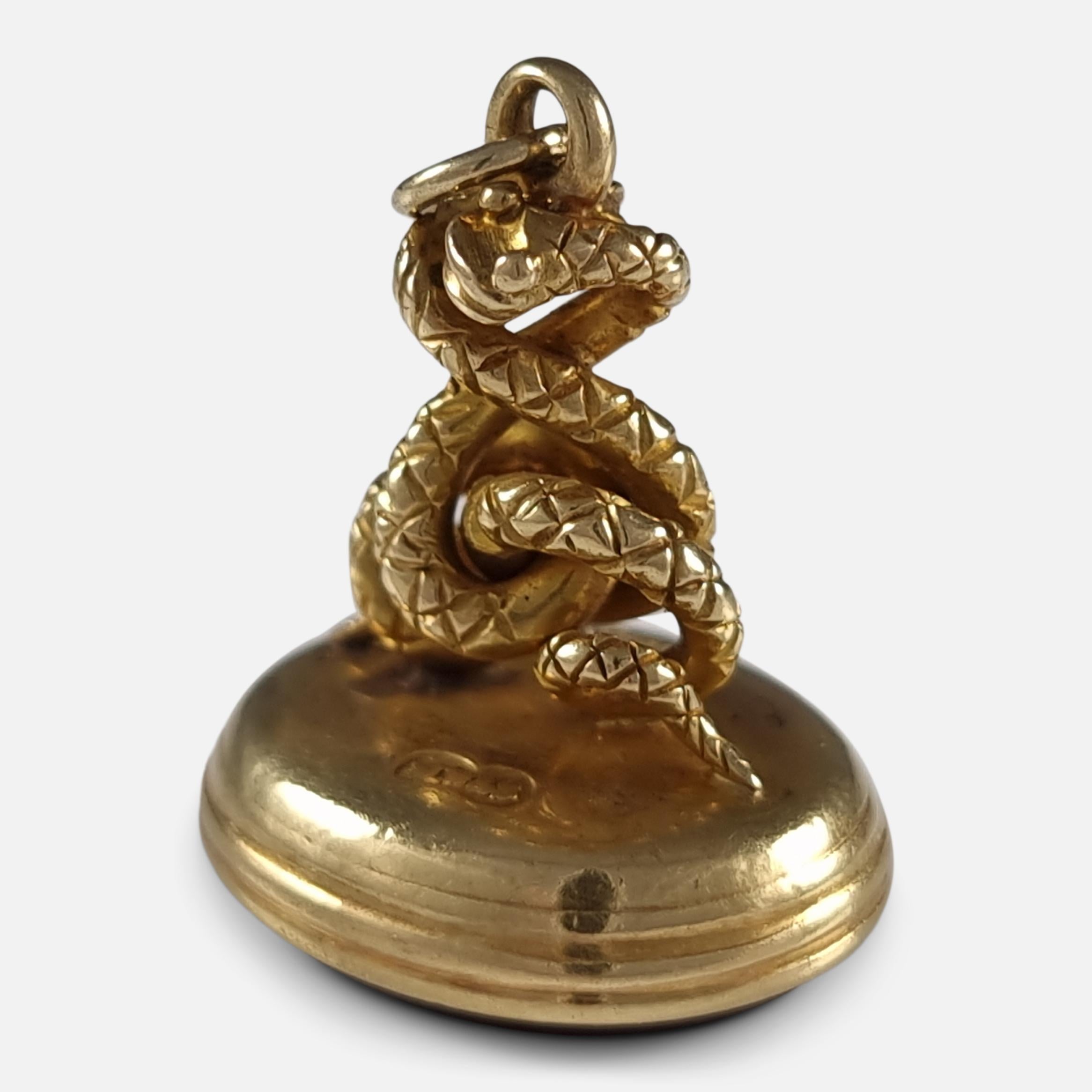 Single Cut Victorian 18 Carat Gold Entwined Snake Fob Pendant Seal, 1900 For Sale
