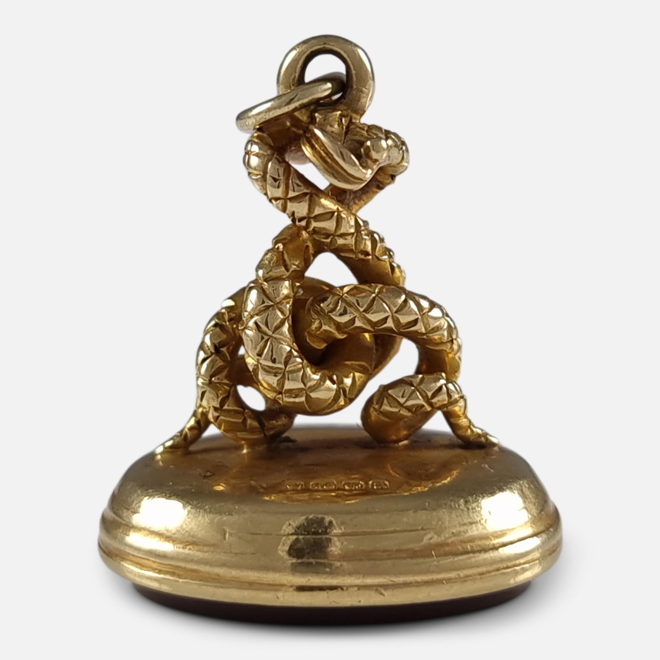 Viktorianisches 18 Karat Gold verschlungenes Schlangen-Fob-Anhänger Siegel, 1900 2