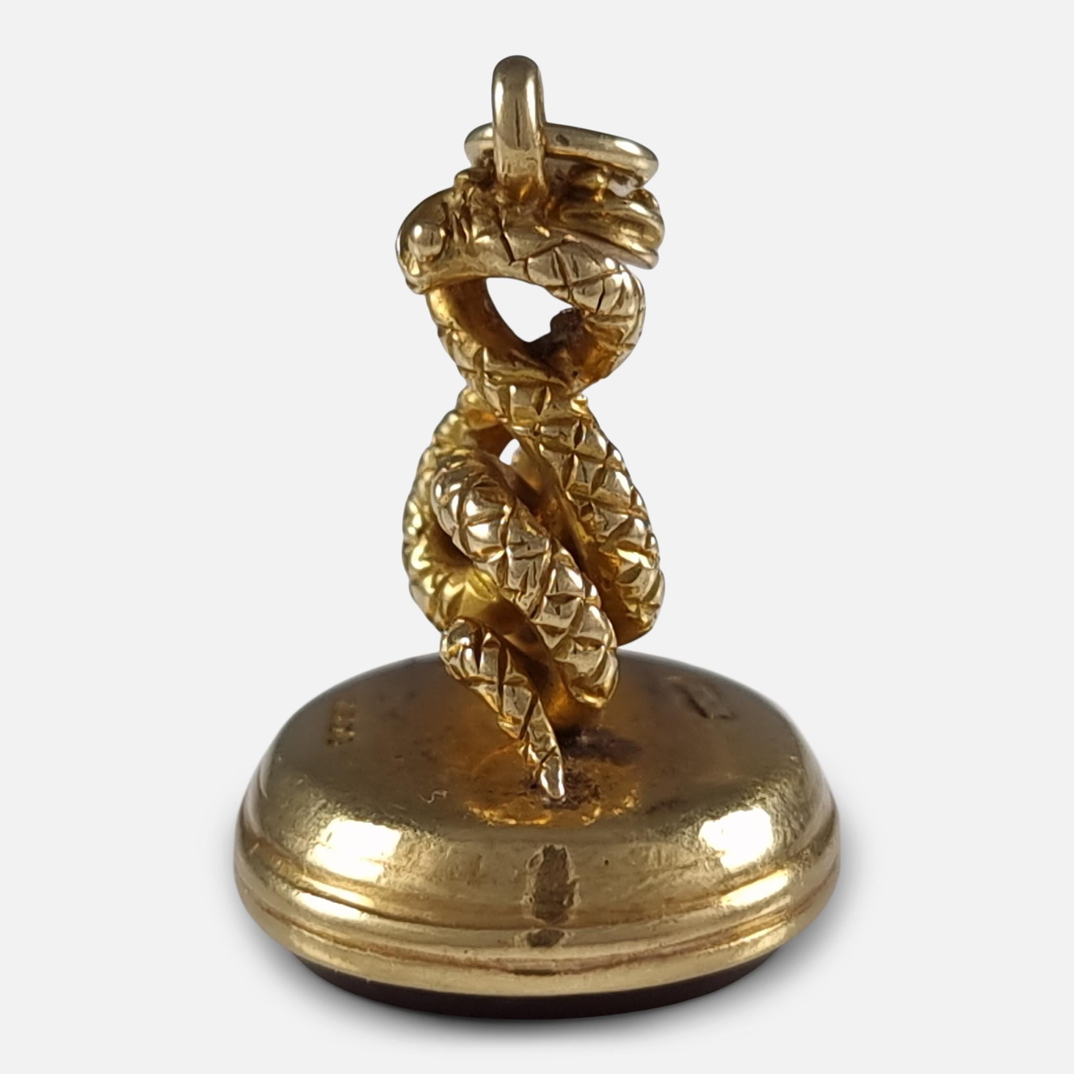 Victorian 18 Carat Gold Entwined Snake Fob Pendant Seal, 1900 For Sale 4