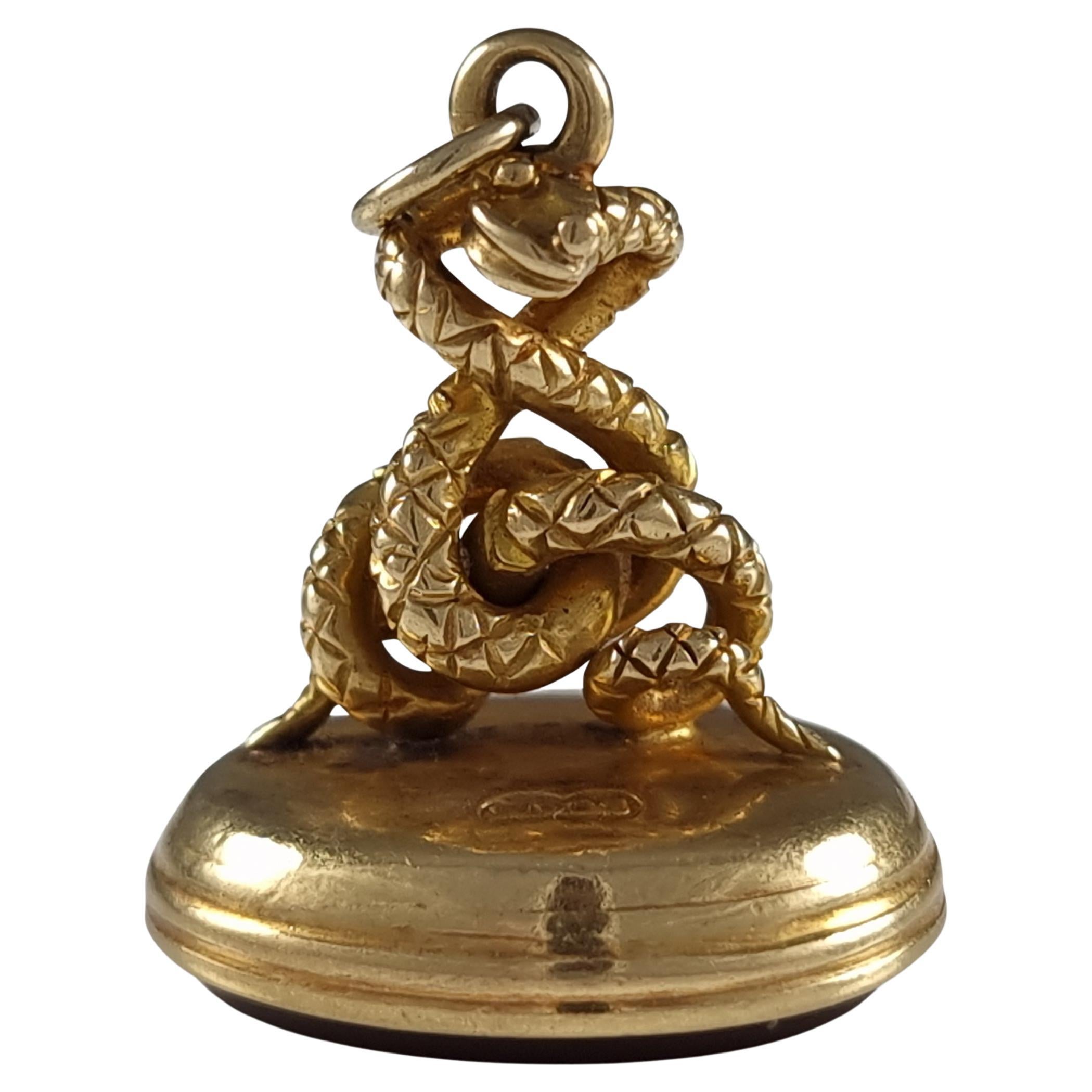 Victorian 18 Carat Gold Entwined Snake Fob Pendant Seal, 1900 For Sale