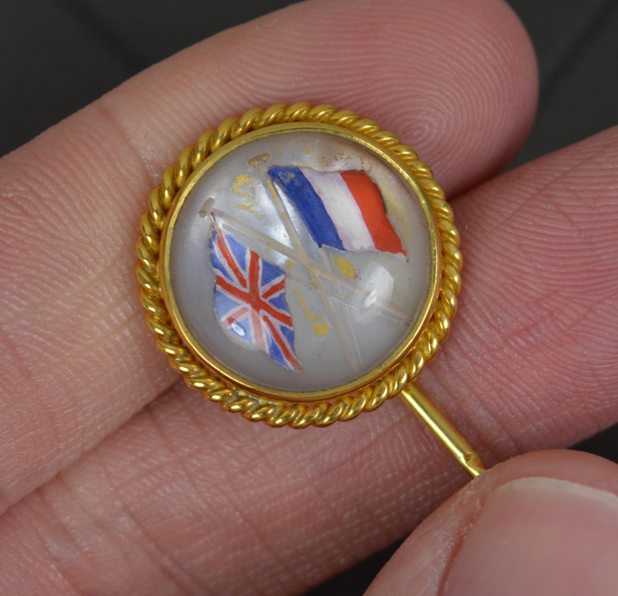 Victorian 18ct Gold Essex Crystal Enamel UK France Friendship Stick Tie Pin In Good Condition In St Helens, GB