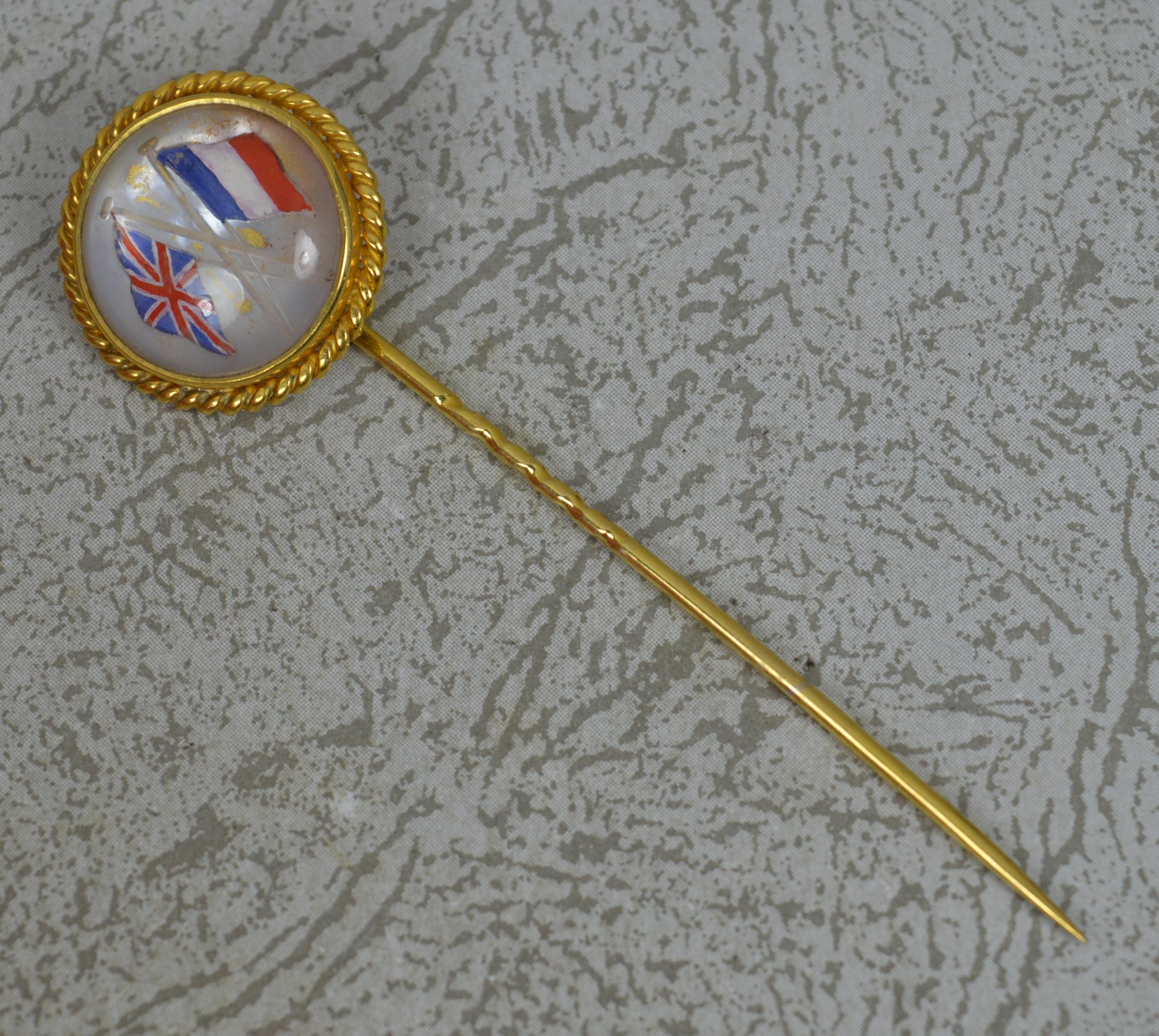 Victorian 18ct Gold Essex Crystal Enamel UK France Friendship Stick Tie Pin 1