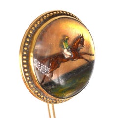 Victorian 18ct Gold Essex Crystal Tie Pin with a Horse Racing Scene