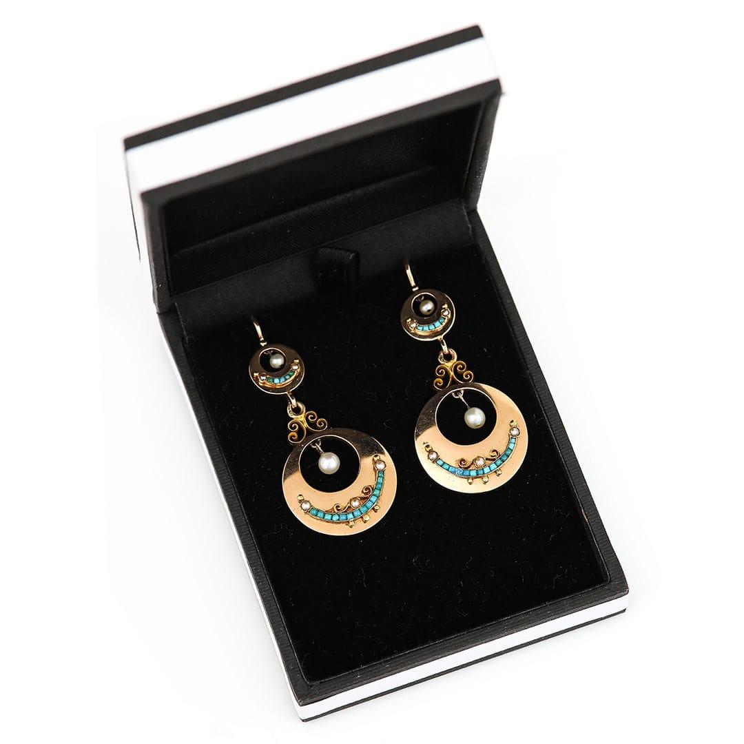 Victorian 18ct Gold French Turquoise and Pearl Drop Earrings, Circa 1880 For Sale 6