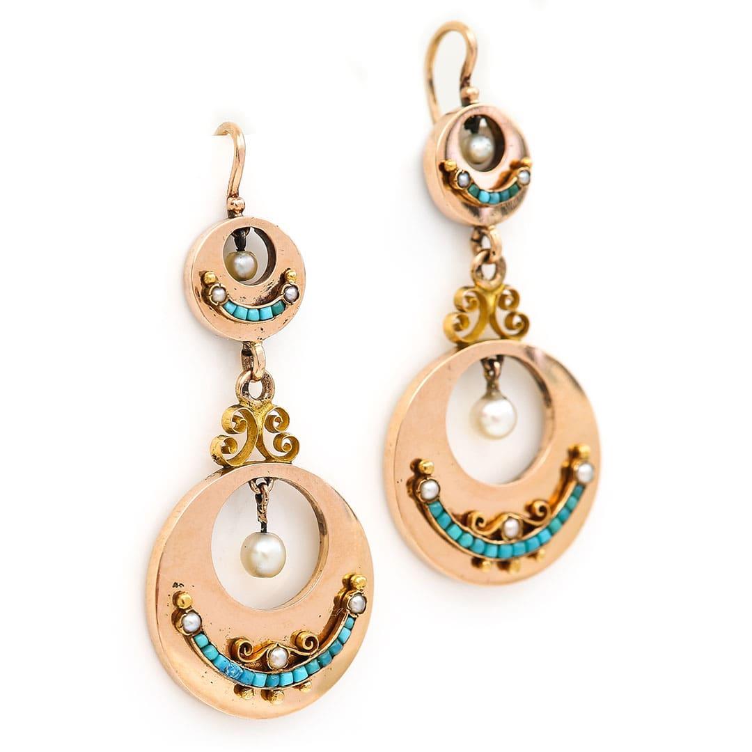 Cabochon Victorian 18ct Gold French Turquoise and Pearl Drop Earrings, Circa 1880 For Sale
