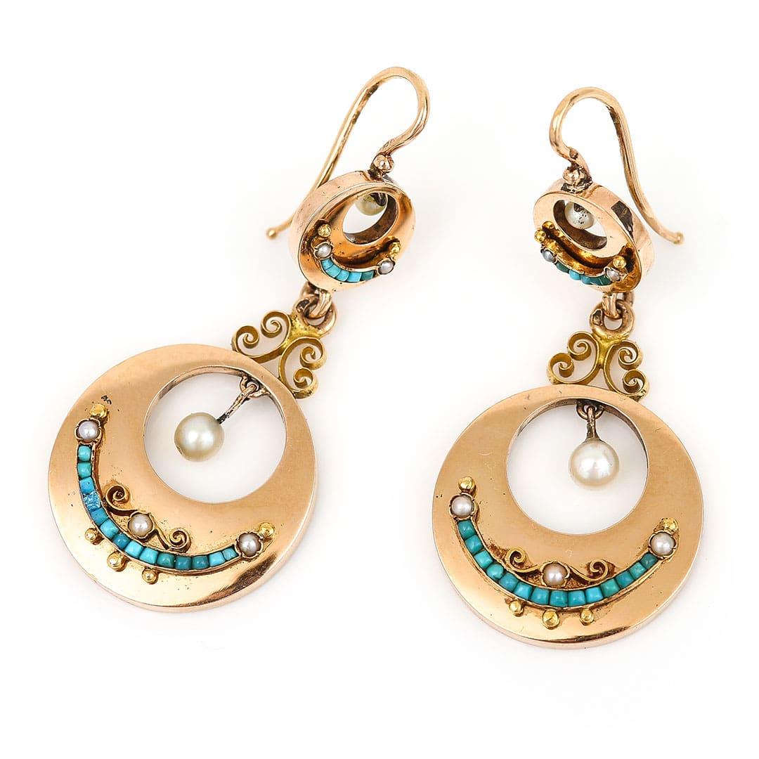 Victorian 18ct Gold French Turquoise and Pearl Drop Earrings, Circa 1880 In Good Condition For Sale In Lancashire, Oldham
