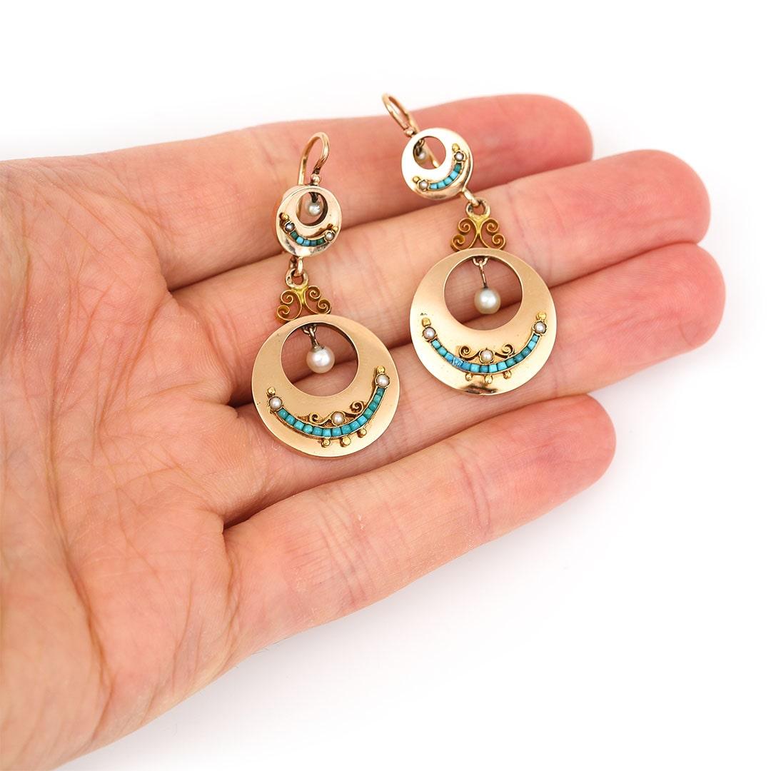 Victorian 18ct Gold French Turquoise and Pearl Drop Earrings, Circa 1880 For Sale 2