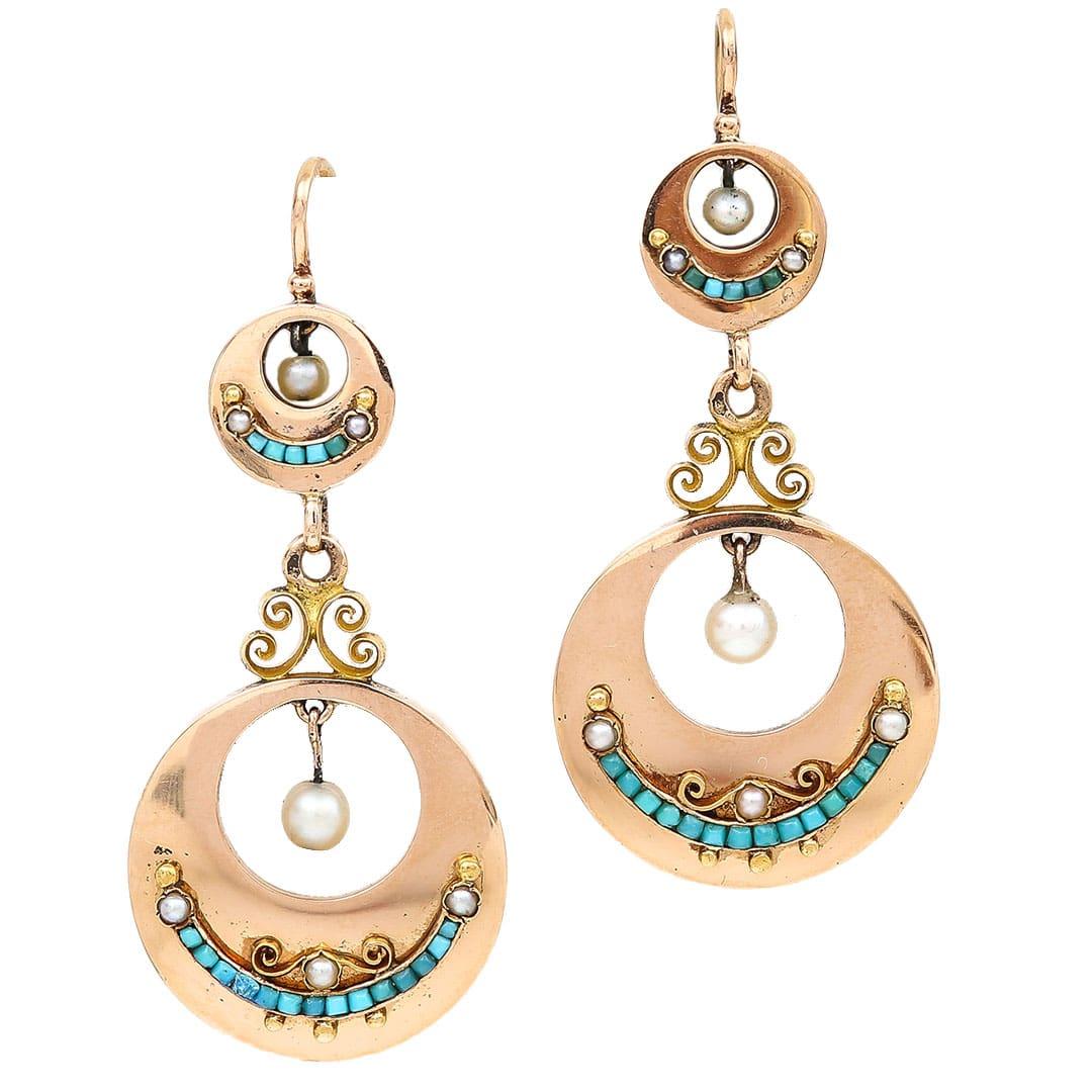 Victorian 18ct Gold French Turquoise and Pearl Drop Earrings, Circa 1880 For Sale