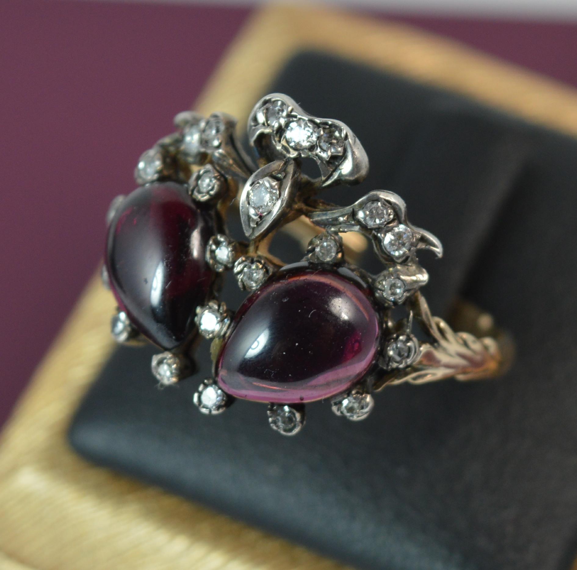 Victorian 18 Carat Gold Garnet Cabochon and Diamond Double Heart Cluster Ring In Excellent Condition In St Helens, GB