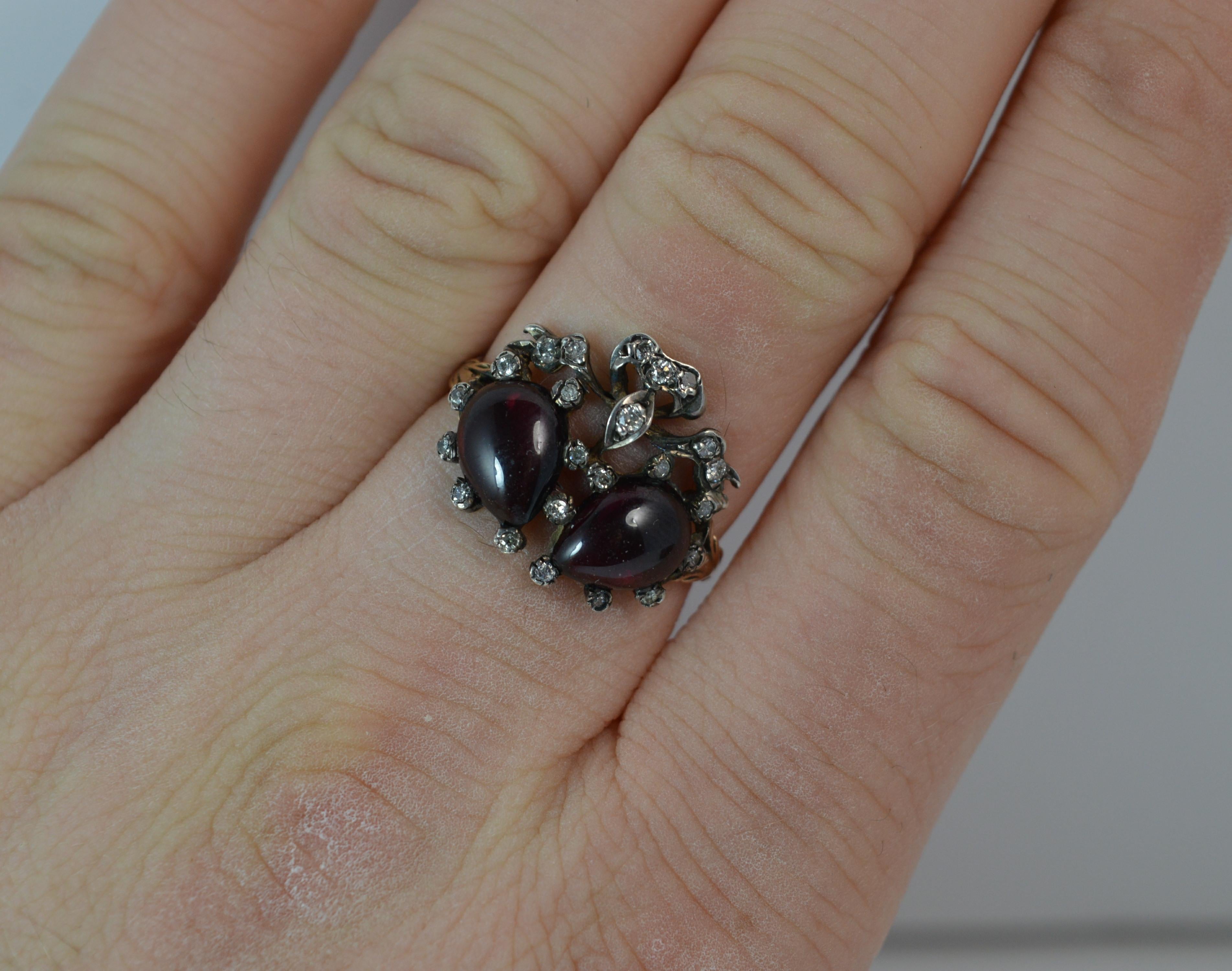 Women's Victorian 18 Carat Gold Garnet Cabochon and Diamond Double Heart Cluster Ring