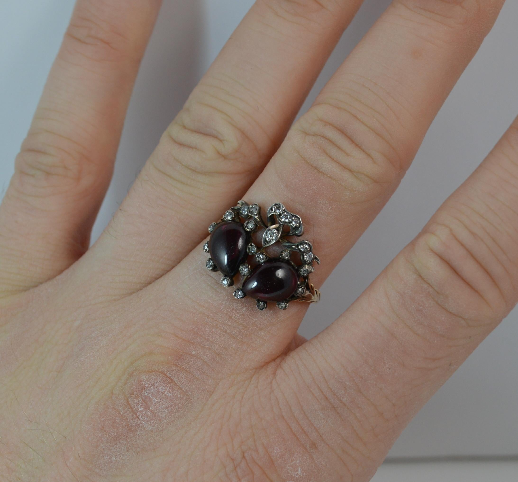 Victorian 18 Carat Gold Garnet Cabochon and Diamond Double Heart Cluster Ring 1