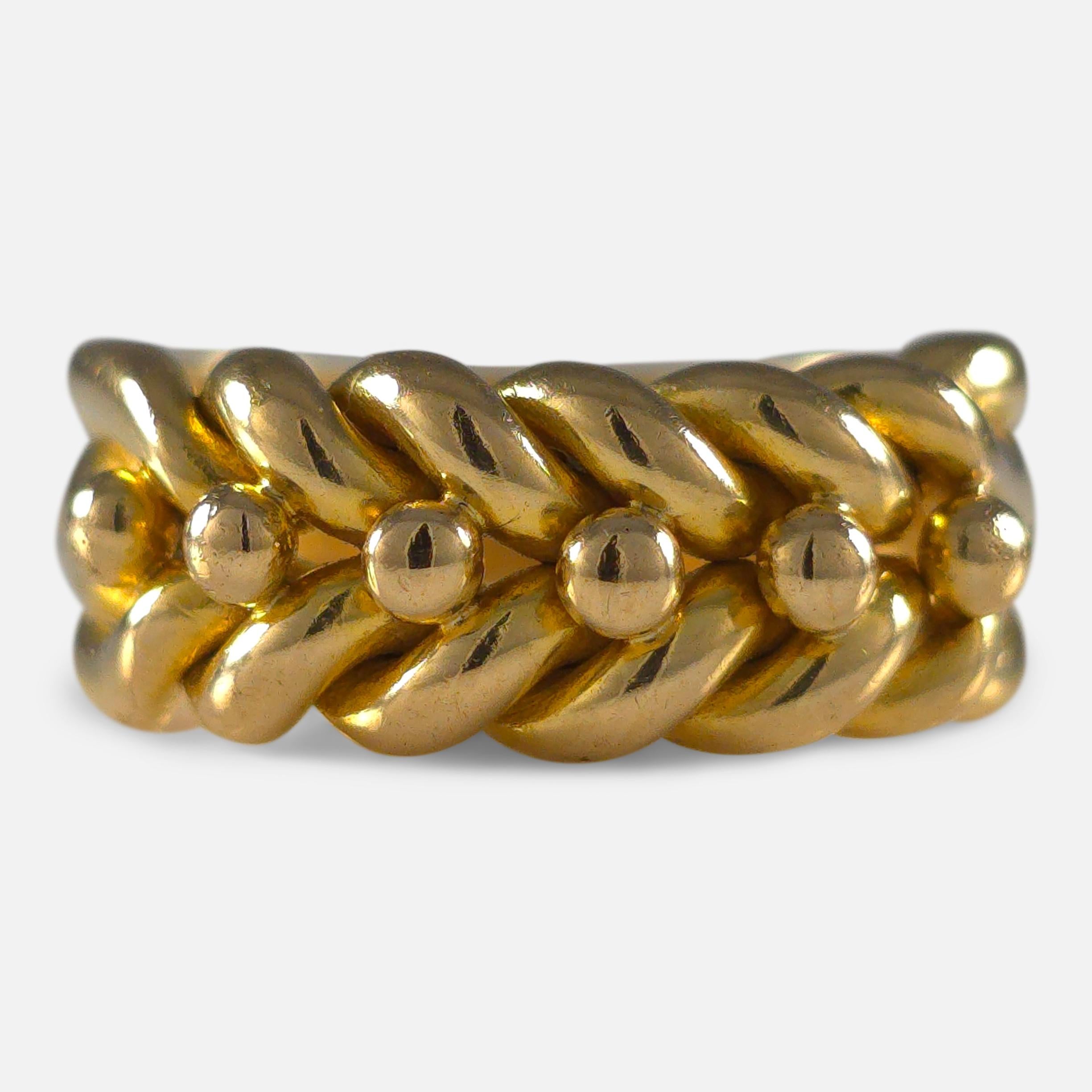 Victorian 18ct yellow gold Keeper ring. Originating from 1893, it carries Birmingham assay hallmarks, '18' for 18 carat gold, and date letter 't'.

• Assay: .750 Gold (18ct).
• Period: Late 19th Century.
• Date: 1893.
• Maker: Coley Brothers.
•