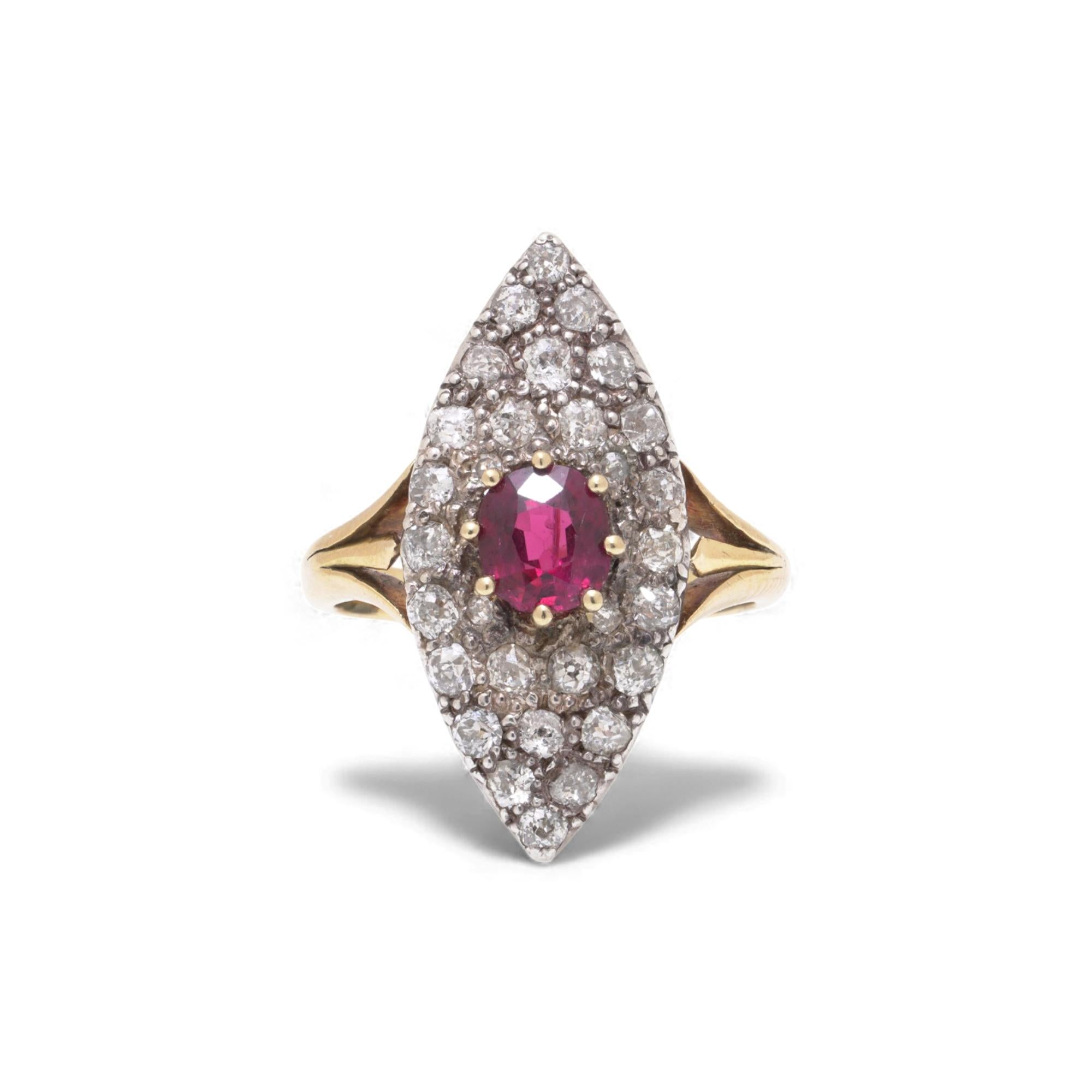 A striking Victorian 18ct gold marquise-shaped cluster ring set with a vibrant natural ruby of approximately 1.00 ct. The ruby displays rich colour consistent with antique stones, likely of Thai or Burmese origin, and is secured in a traditional