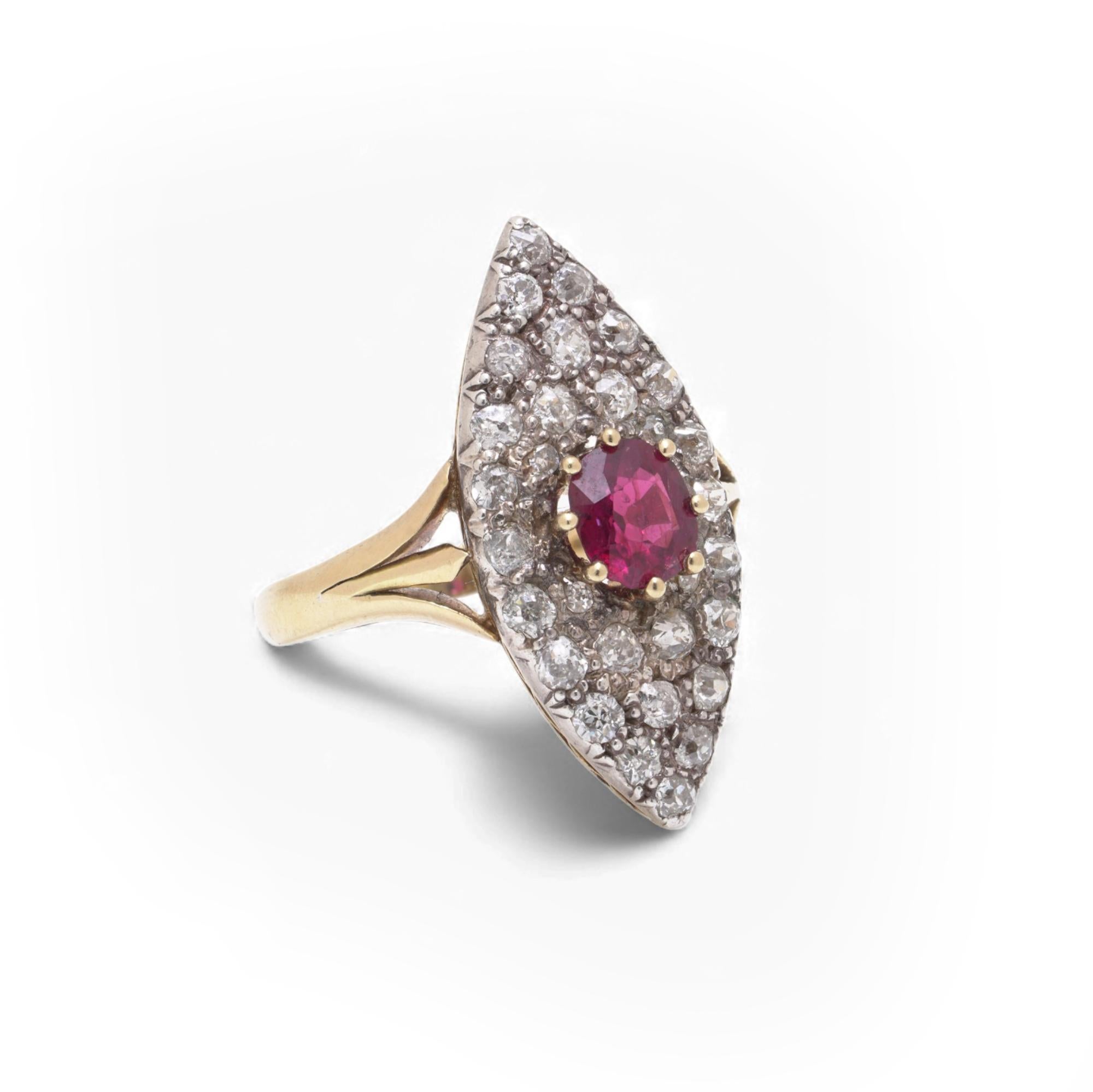 Round Cut Victorian 18ct Gold Marquise Ruby & Diamond Cluster Ring For Sale