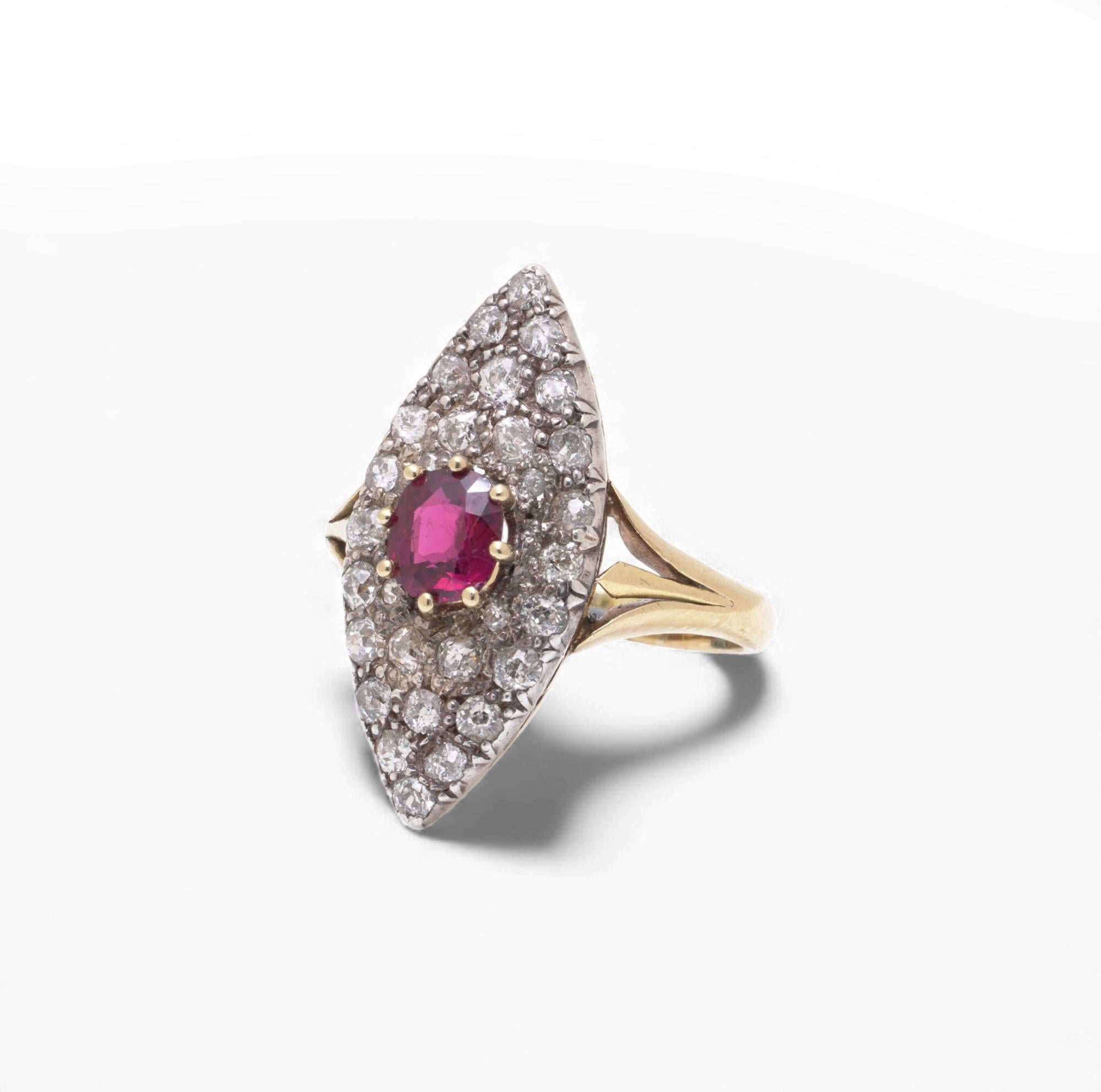 Victorian 18ct Gold Marquise Ruby & Diamond Cluster Ring In Good Condition For Sale In Braintree, GB