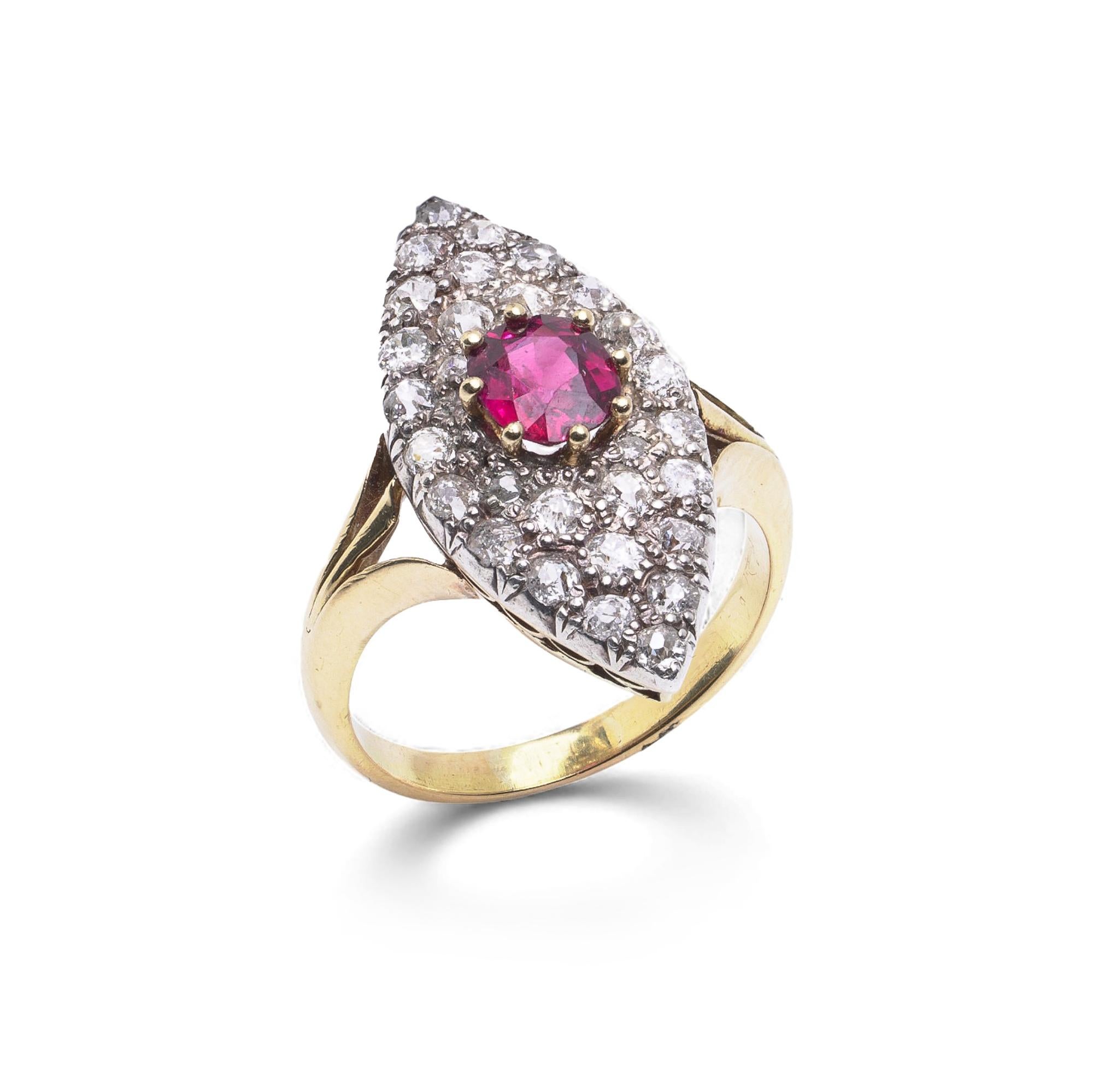 Victorian 18ct Gold Marquise Ruby & Diamond Cluster Ring For Sale 1