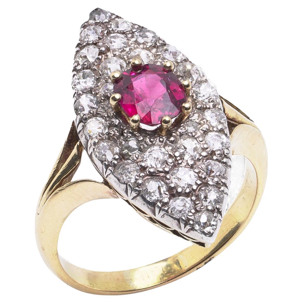 Victorian 18ct Gold Marquise Ruby 
Diamond Cluster Ring For Sale