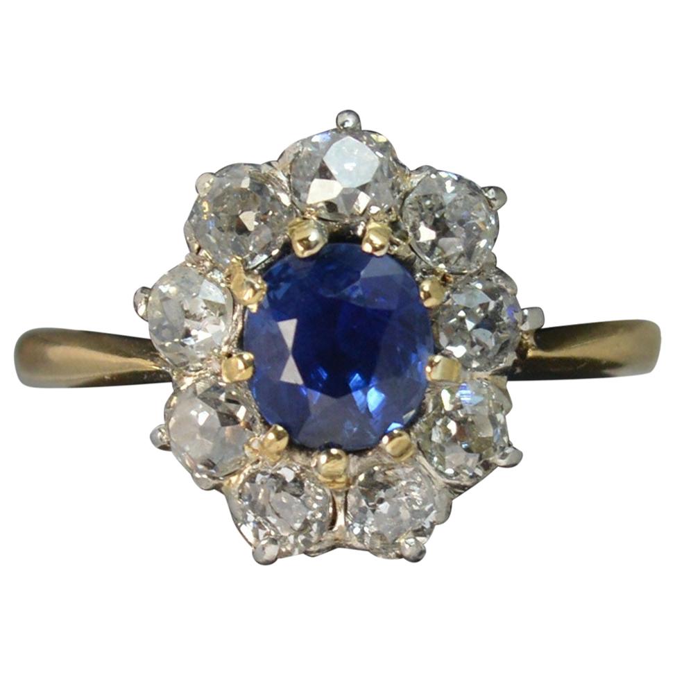 Victorian 18 Carat Gold No Heat Sapphire Old Cut Diamond Ring