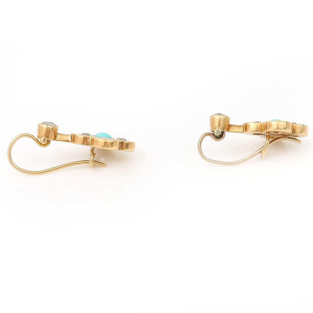 Viktorianische Tropfenohrringe aus 18 Karat Gold mit Diamanten im Altschliff und Türkis, um 1880 (Alteuropäischer Schliff)