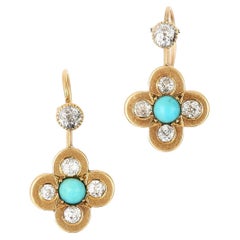 Victorian 18ct Gold Old Cut Diamond and Turquoise Drop Earrings, Circa 1880