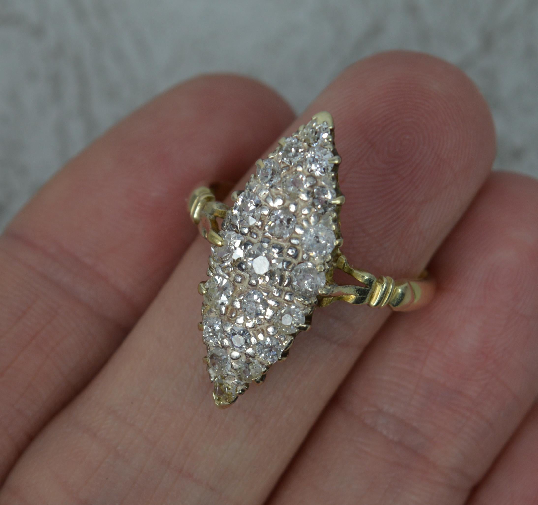 Victorian 18 Carat Gold Old Cut Diamond Navette Cluster Ring In Good Condition In St Helens, GB