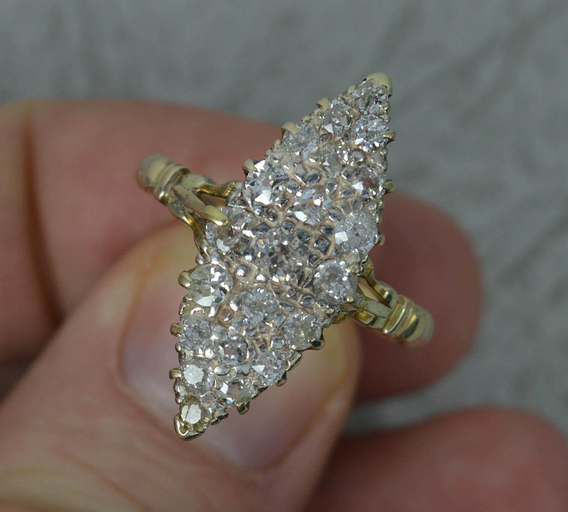 Women's Victorian 18 Carat Gold Old Cut Diamond Navette Cluster Ring