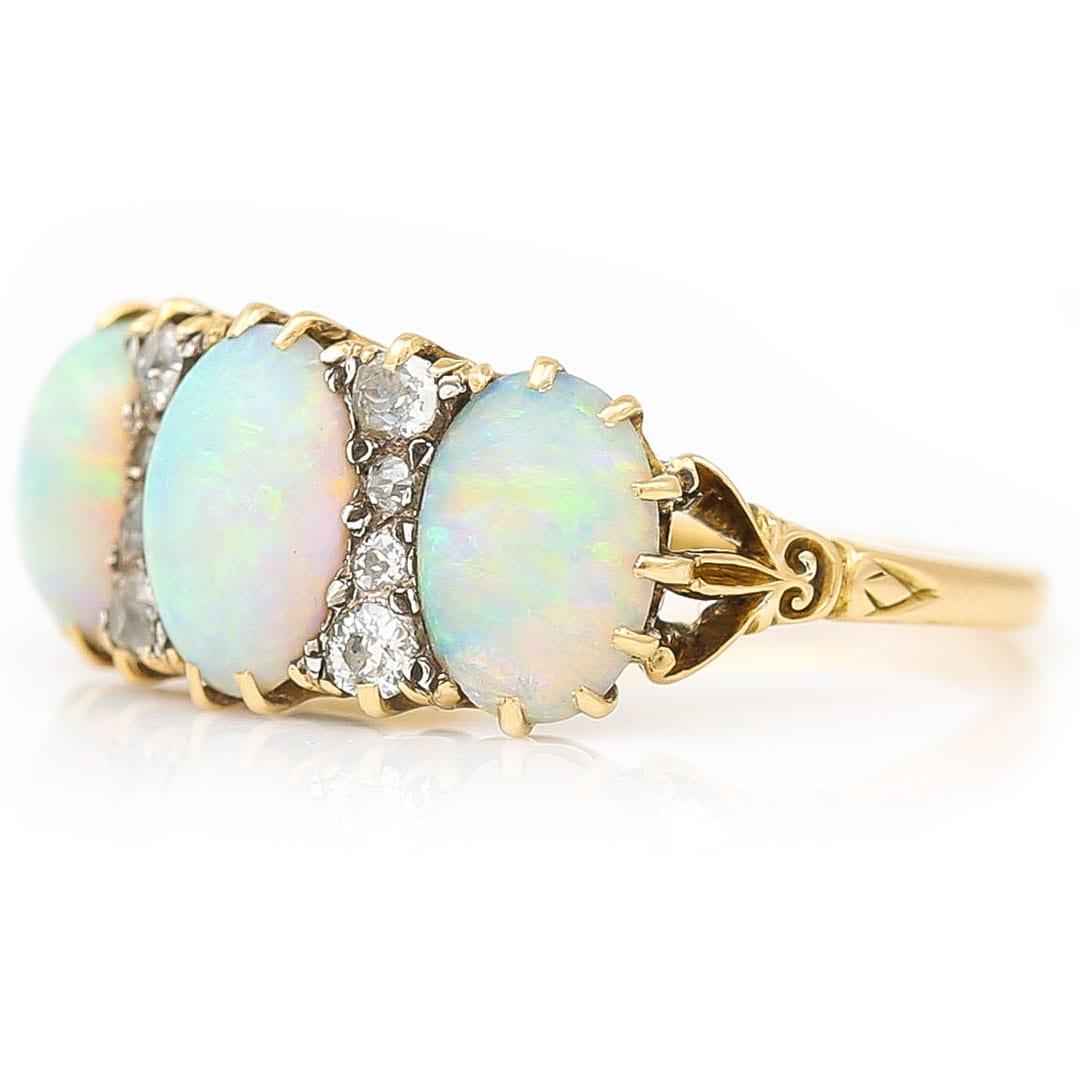 Edwardian Victorian 18ct Gold Opal and Diamond Three Stone Ring Circa 1900