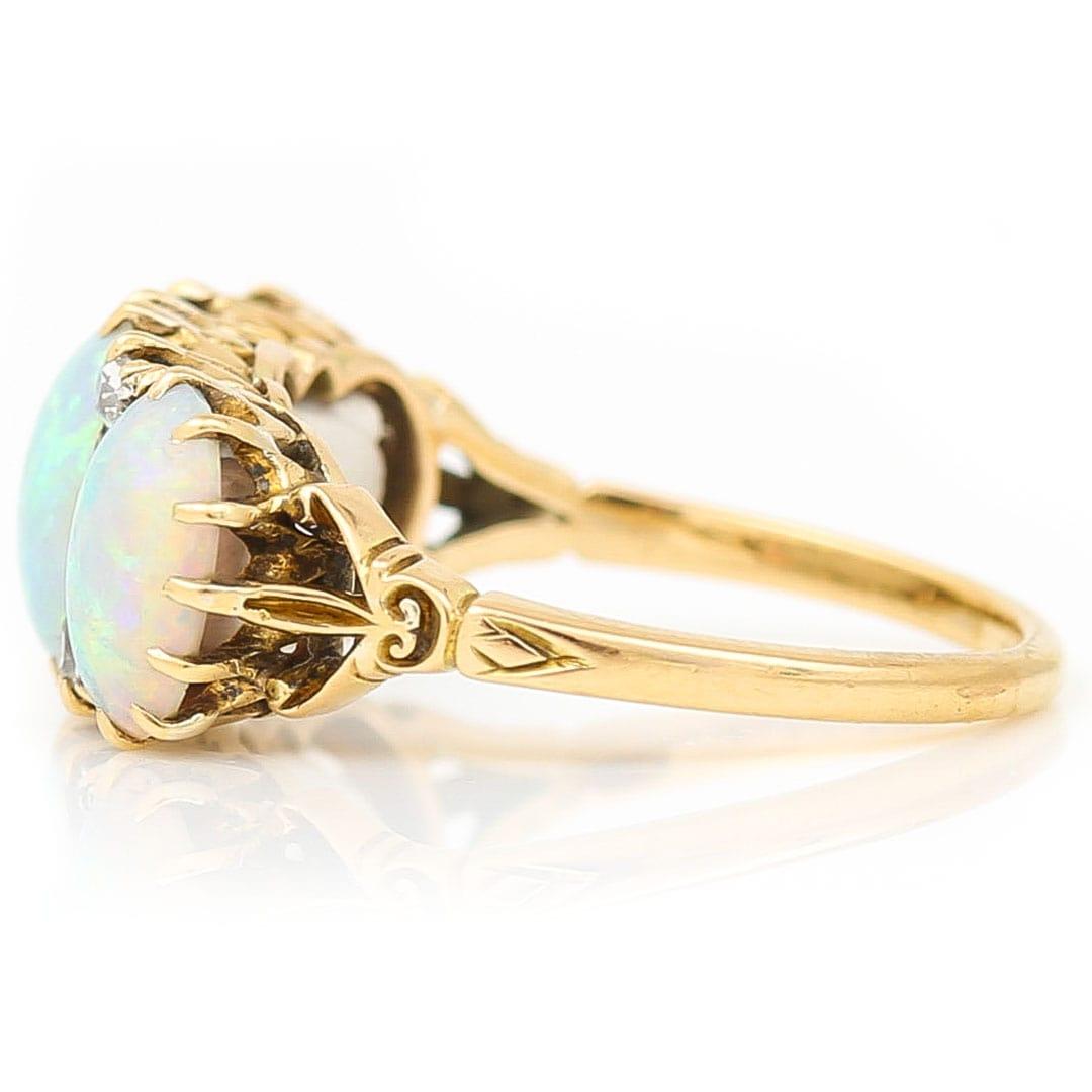 Cabochon Victorian 18ct Gold Opal and Diamond Three Stone Ring Circa 1900