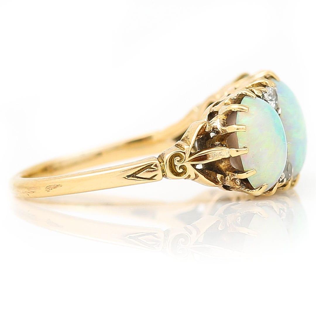 Women's Victorian 18ct Gold Opal and Diamond Three Stone Ring Circa 1900