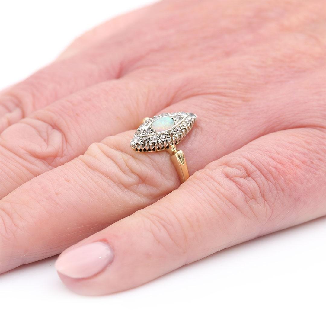 Victorian 18ct Gold Opal and Old Cut Diamond Navette Ring, Circa 1900 For Sale 8