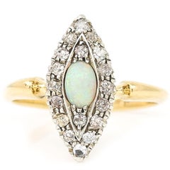 Victorian 18ct Gold Opal and Old Cut Diamond Navette Ring, Circa 1900