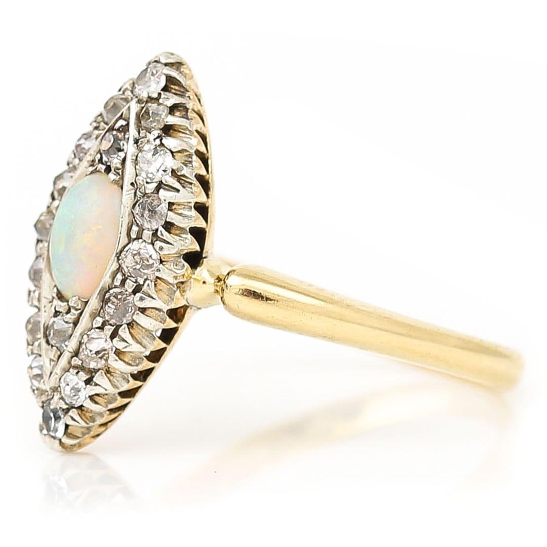 Cabochon Victorian 18ct Gold Opal and Old Cut Diamond Navette Ring, Circa 1900 For Sale