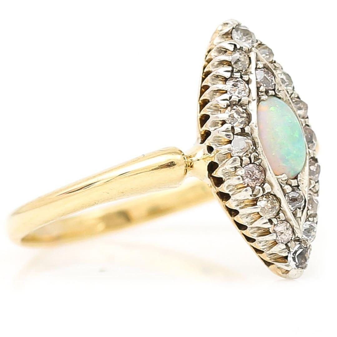 Women's or Men's Victorian 18ct Gold Opal and Old Cut Diamond Navette Ring, Circa 1900 For Sale