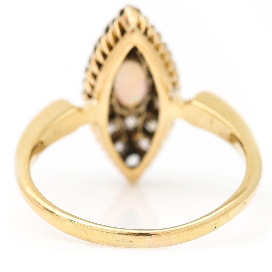 Victorian 18ct Gold Opal and Old Cut Diamond Navette Ring, Circa 1900 For Sale 2
