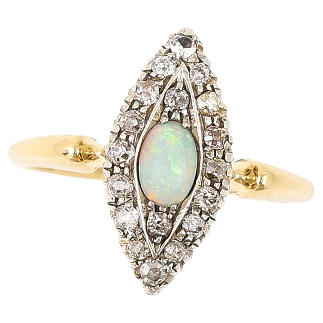 Victorian 18ct Gold Opal and Old Cut Diamond Navette Ring, Circa 1900