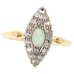 Antique Victorian 18ct Gold Opal and Old Cut Diamond Navette Ring, Circa 1900