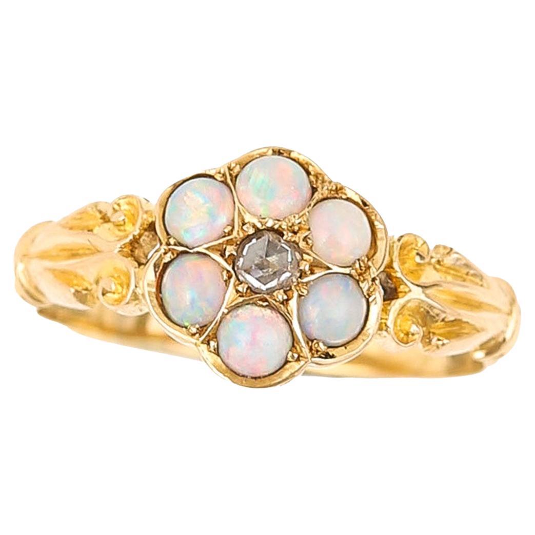 Victorian 18ct Gold Opal and Rose Cut Diamond Cluster Ring, Circa 1900