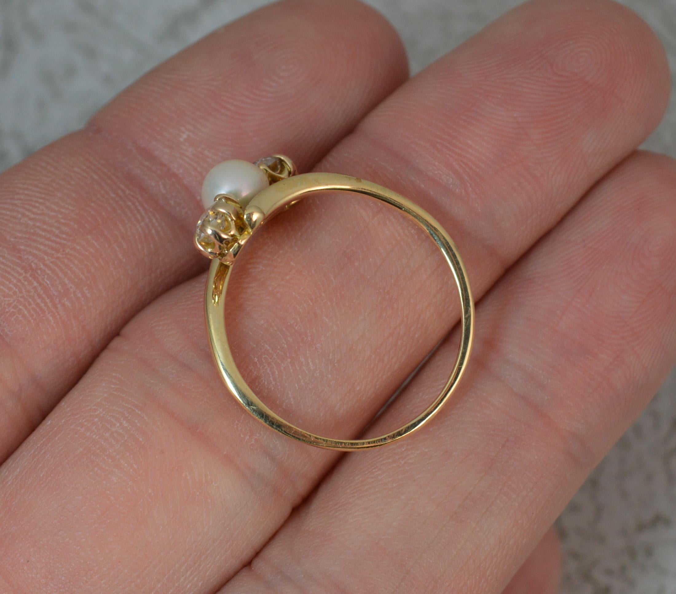 Old European Cut Victorian 18ct Gold Pearl and 0.5 Carat Old Cut Diamond Trilogy Ring on Twist